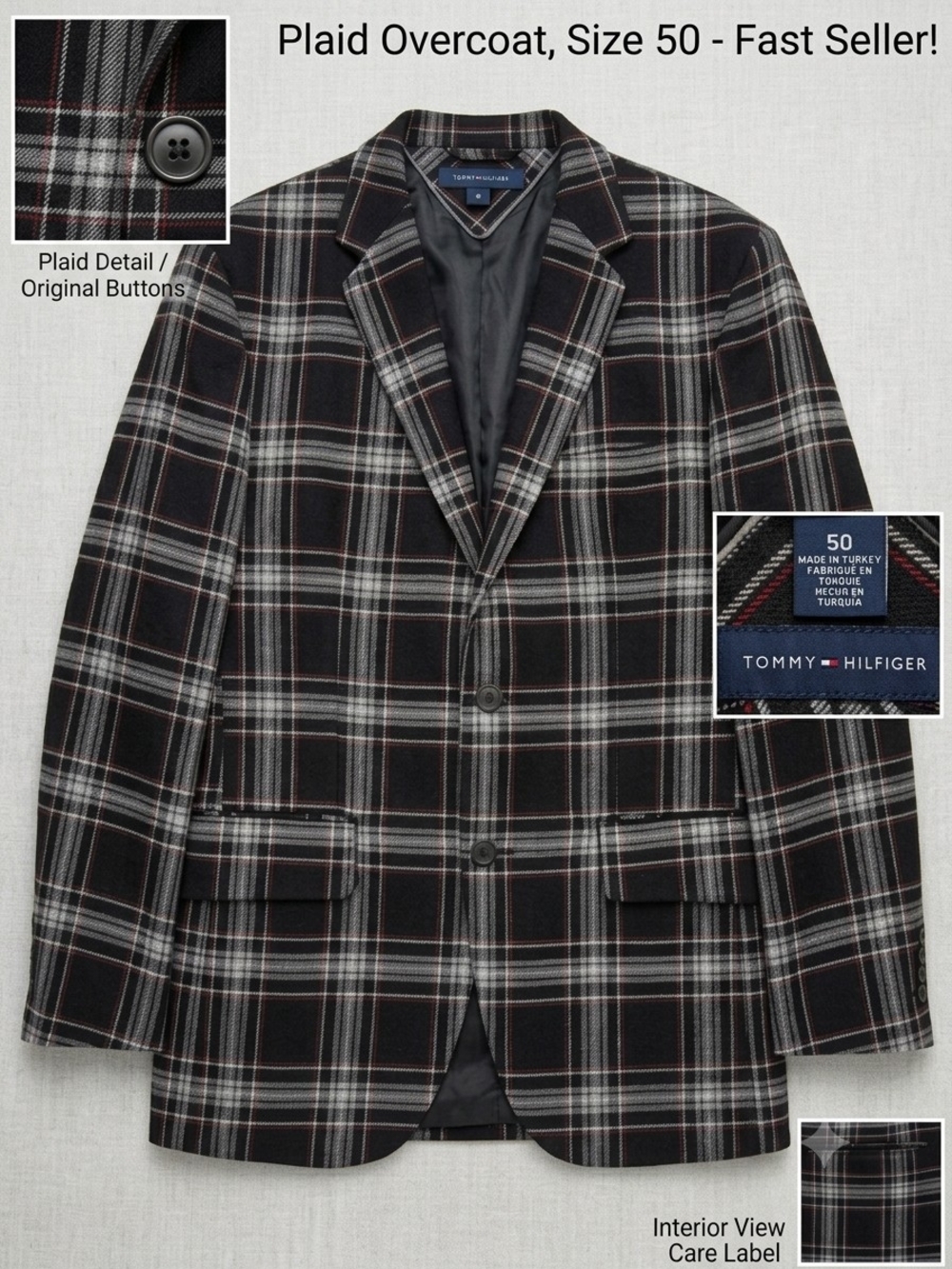 Tommy Hilfiger 100% WOOL Black, White & Red Plaid Sport Coat